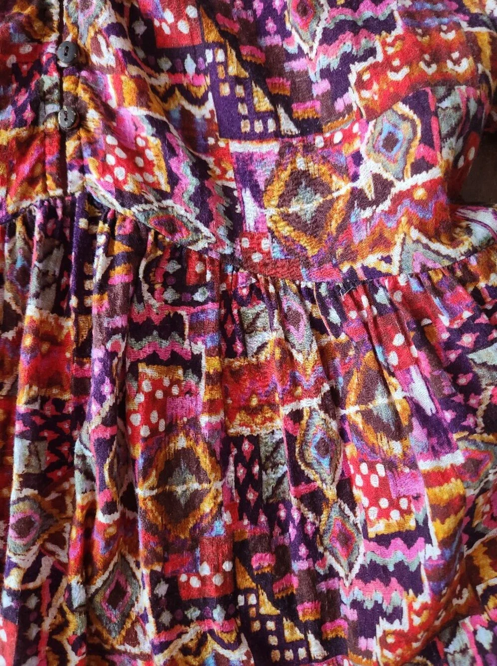 Xirena Lilith Geometric Printed Long Sleeve Tiered Dress in Burgundy and Pink L